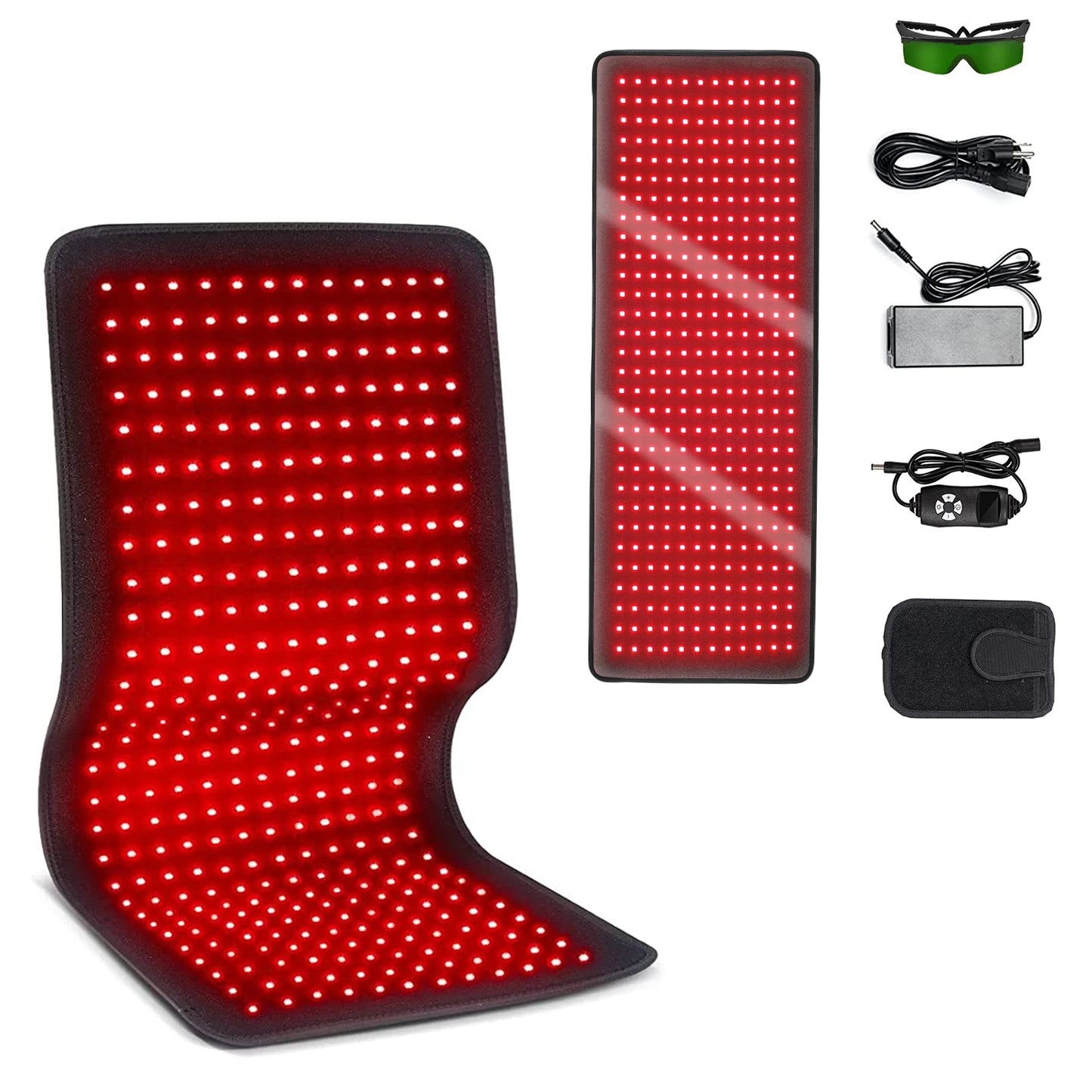 Red light therapy mat with accessories on a white background